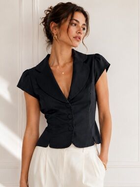 Coast Navy Tailored Cap Sleeve Blouse Top Large